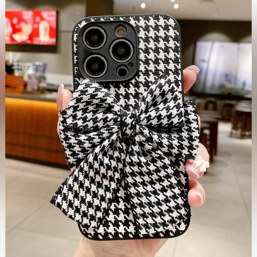 Houndstooth bow iPhone 15 Pro Max phone case black white check fabric Chanel NEW